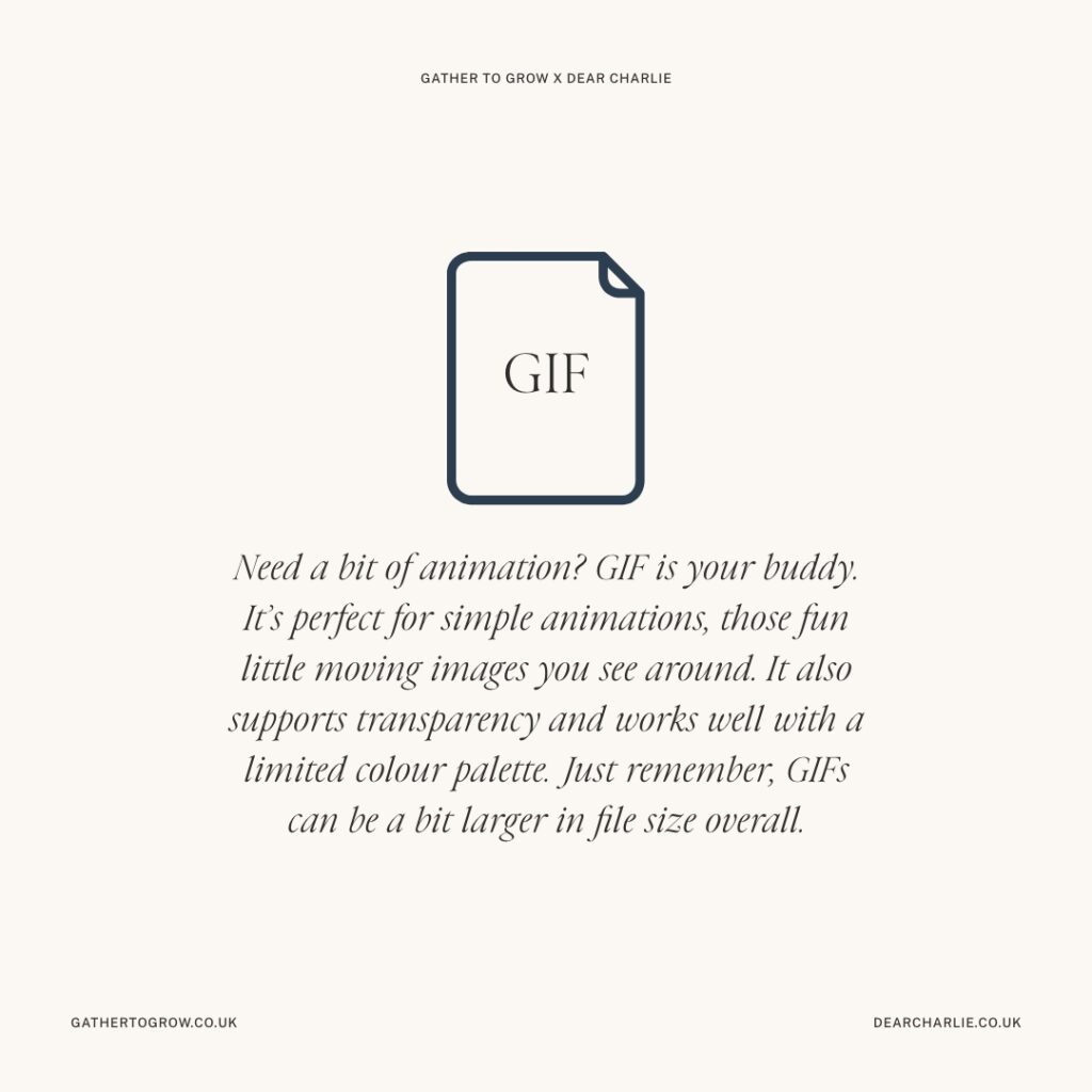 Infographic about GIFs and when to use them on your website: Need a bit of animation? GIF is your buddy. It’s perfect for simple animations, those fun little moving images you see around. It also supports transparency and works well with a limited colour palette. Just remember, GIFs can be a bit larger in file size overall.