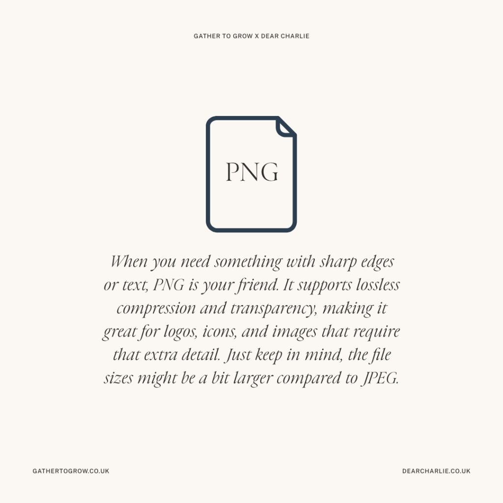 Infographic about PNG and when to use them on your website: When you need something with sharp edges or text, PNG is your friend. It supports lossless compression and transparency, making it great for logos, icons, and images that require that extra detail. Just keep in mind, the file sizes might be a bit larger compared to JPEG.