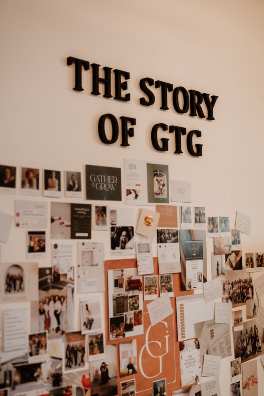 image of a wall with a collage of pictures and images from the first gather to grow event